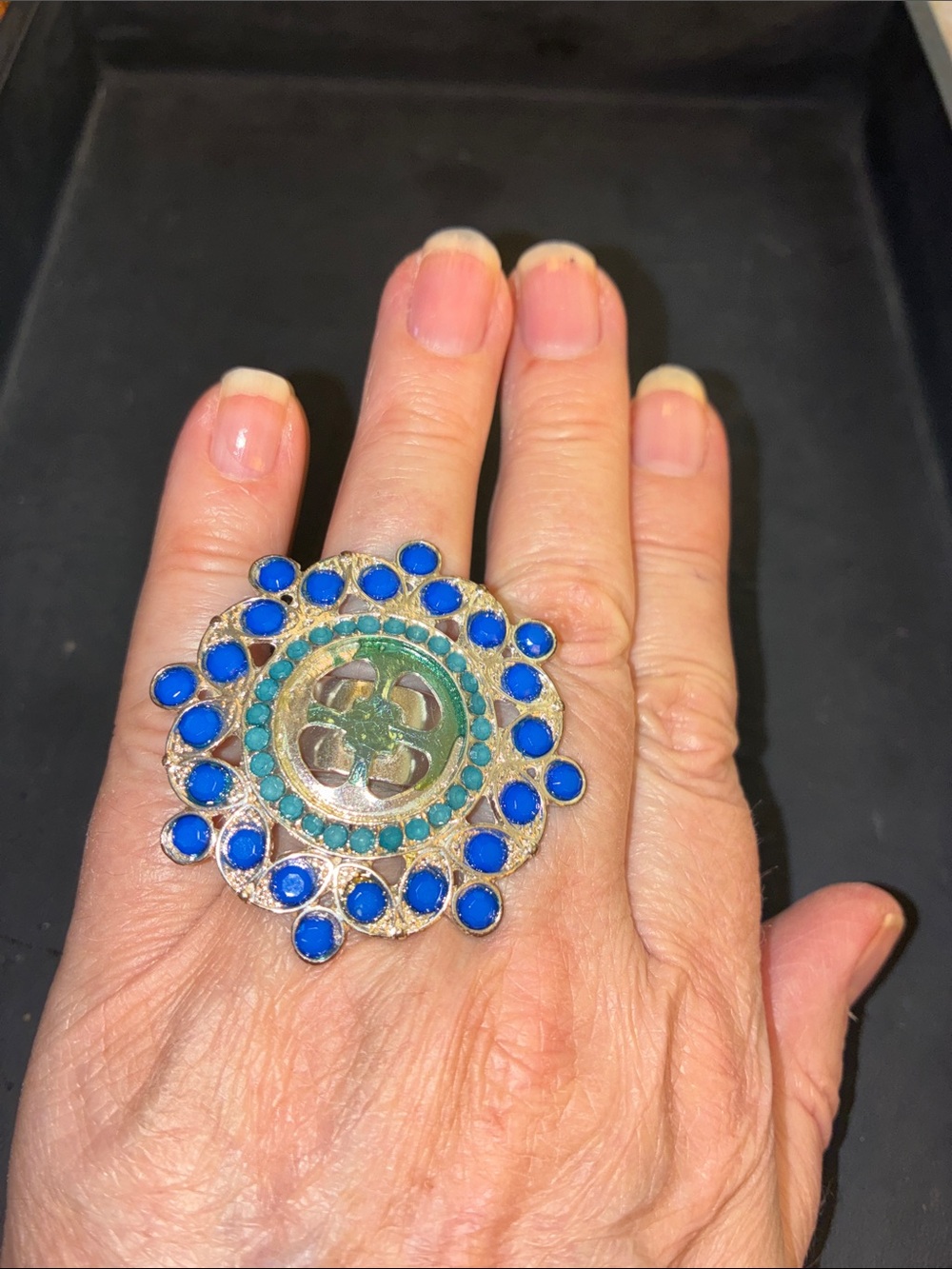 Blue and Teal Floral Statement Stretch Cocktail Ring